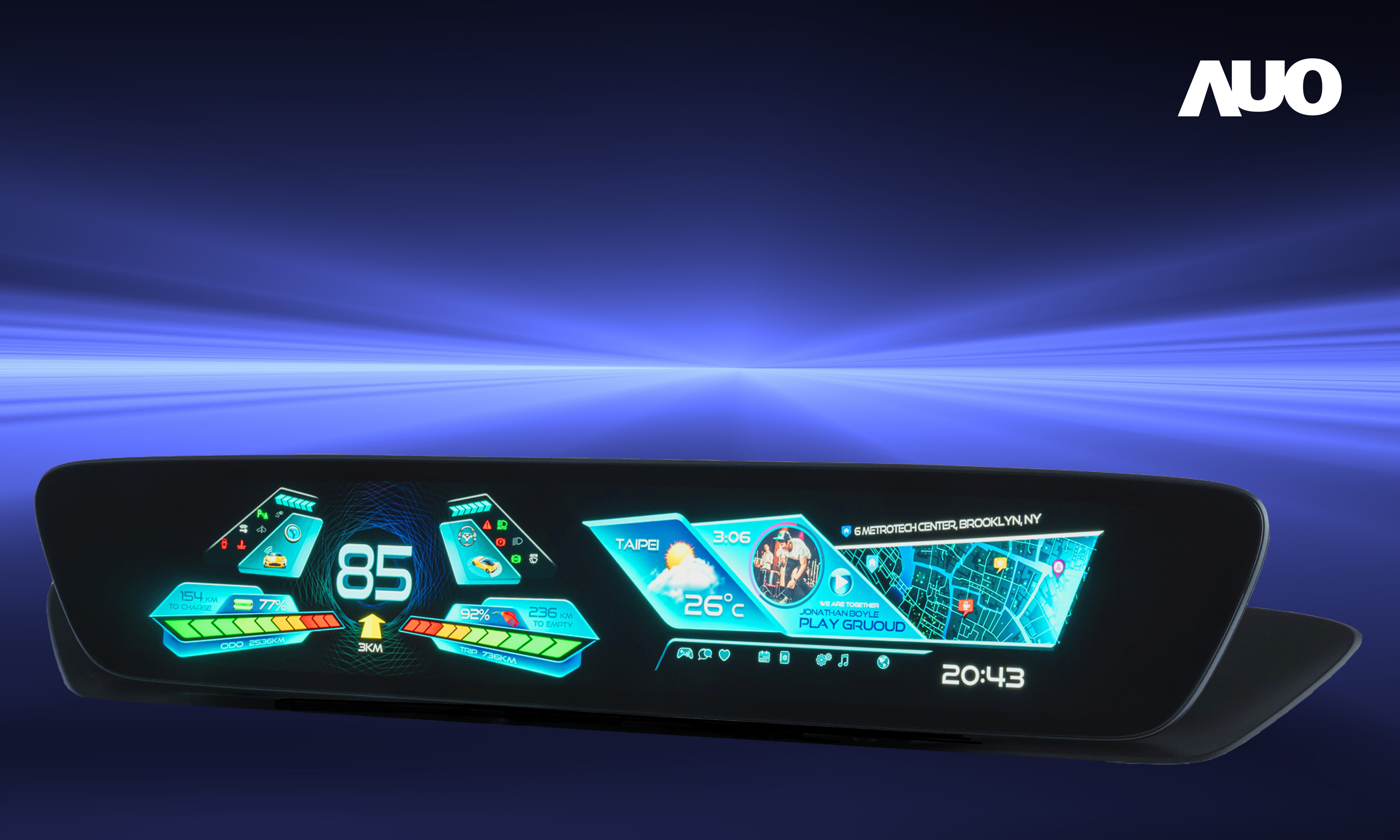 友達30.4吋異形曲面AmLED車載顯示系統，為一兼具儀表板及中控台人機介面的創新車載顯示系統，結合美學設計，提升車內科技沉浸感及使用體驗，讓車載顯示的未來應用更加多元化