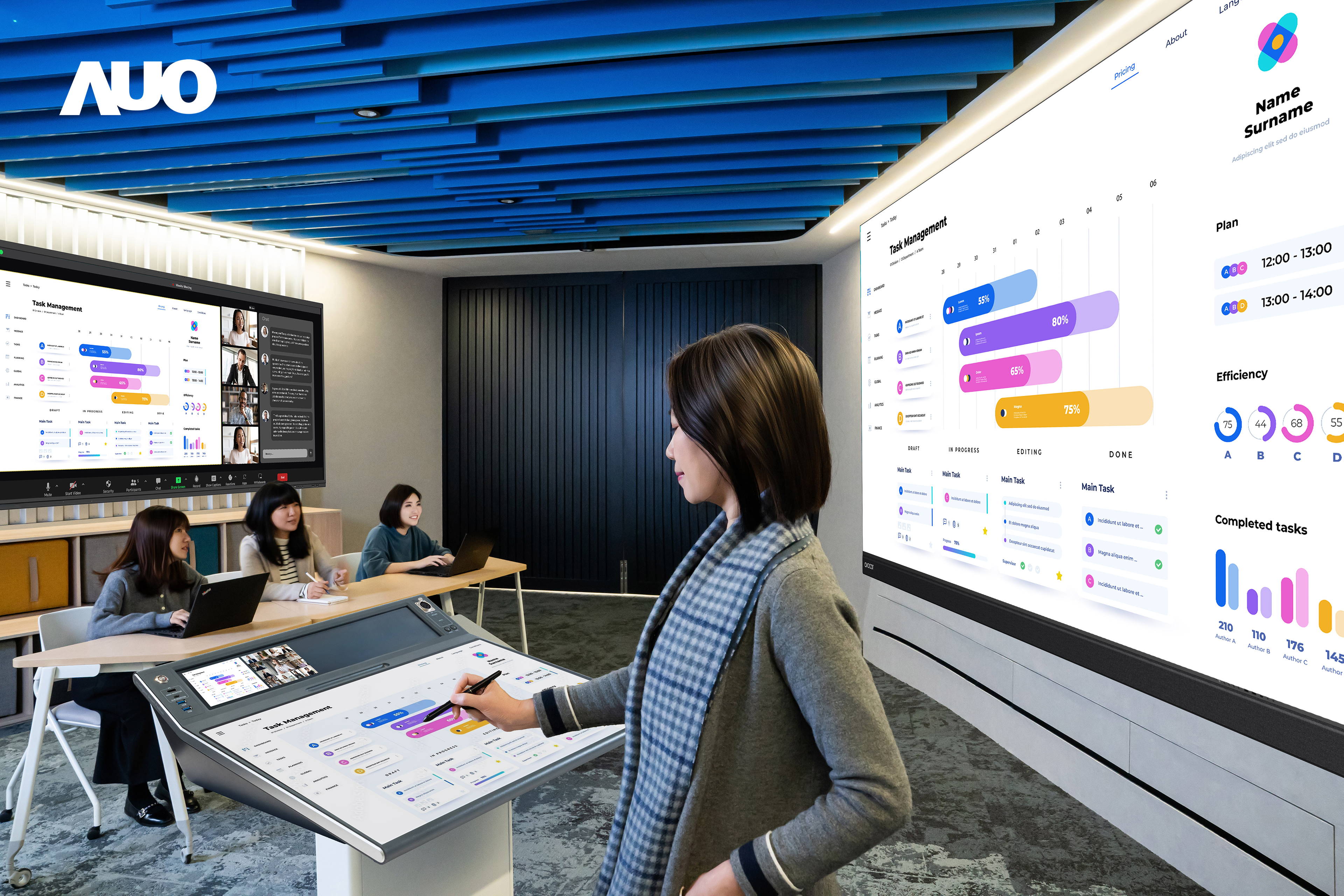 达擎携手Avocor与Rise Vision展示全方位商务领域应用，包含采用模块化设计的138吋一体式All-in-One LED显示器及具21:9超宽比例的92吋交互式电子白板（IFPD），讲者可轻松分享内容，有效提升会议协作效率。